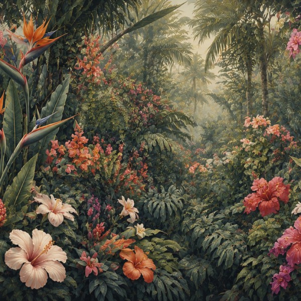 Jardin tropical fleuri – fresque panoramique botanique : hibiscus, oiseaux de paradis, frangipaniers et bougainvilliers en fleur