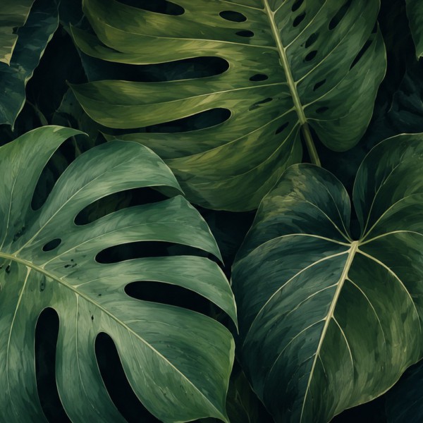 Feuilles géantes en gros plan – fresque panoramique botanique : larges feuilles de monstera, philodendron et bananier en très gr
