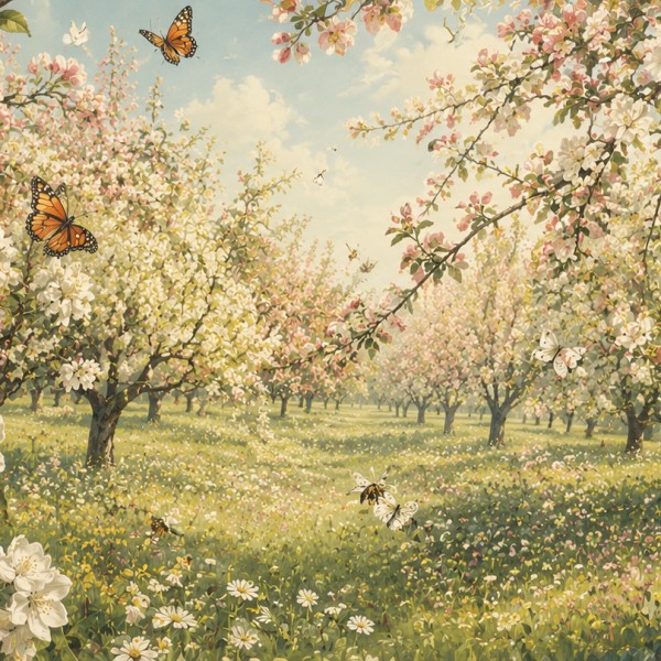 Verger en fleurs et papillons – fresque panoramique botanique : branches d'arbres fruitiers chargées de fleurs blanches et roses