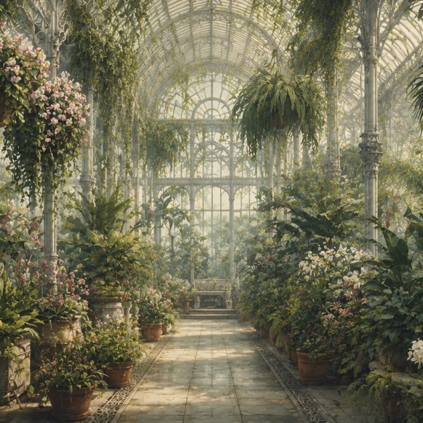 Serre botanique foisonnante – fresque panoramique botanique : serre victorienne vitrée, profusion de palmiers, fougères et orchi