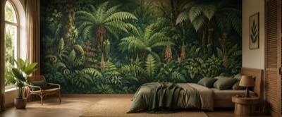 « Sous-bois de fougères luxuriant » en situation — fresque panoramique botanique dans un intérieur