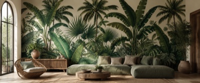 « Palmiers et bananiers tropicaux » en situation — fresque panoramique botanique dans un intérieur