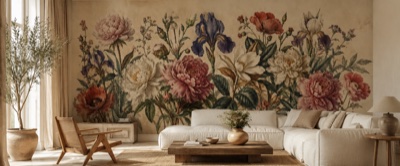 « Fleurs façon gravure botanique ancienne » en situation — fresque panoramique botanique dans un intérieur