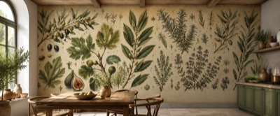 « Herbier de plantes méditerranéennes » en situation — fresque panoramique botanique dans un intérieur