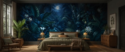 « Jungle nocturne luxuriante » en situation — fresque panoramique botanique dans un intérieur