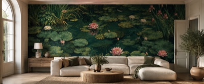 « Jardin d'eau et nénuphars » en situation — fresque panoramique botanique dans un intérieur