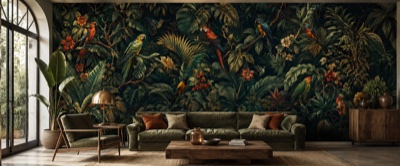 « Volière et oiseaux dans le feuillage » en situation — fresque panoramique botanique dans un intérieur