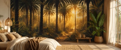 « Palmeraie et lumière dorée » en situation — fresque panoramique botanique dans un intérieur