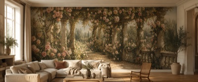 « Roseraie ancienne grimpante » en situation — fresque panoramique botanique dans un intérieur