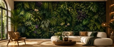 « Mur végétal de feuillages variés » en situation — fresque panoramique botanique dans un intérieur