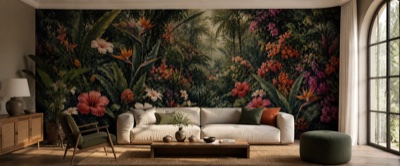 « Jardin tropical fleuri » en situation — fresque panoramique botanique dans un intérieur