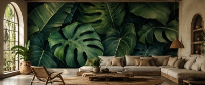 « Feuilles géantes en gros plan » en situation — fresque panoramique botanique dans un intérieur