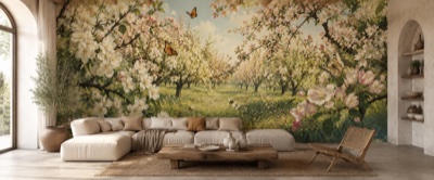 « Verger en fleurs et papillons » en situation — fresque panoramique botanique dans un intérieur