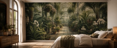 « Serre botanique foisonnante » en situation — fresque panoramique botanique dans un intérieur