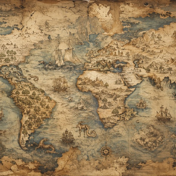 Les Vieux Mondes – fresque panoramique carte ancienne : fragments de mappemondes assemblés, continents d'époque, mers ornées de 
