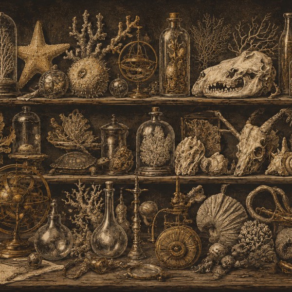 Le Cabinet de Curiosités – fresque panoramique carte ancienne : étagères chargées de coquillages, coraux, fossiles, crânes et fl