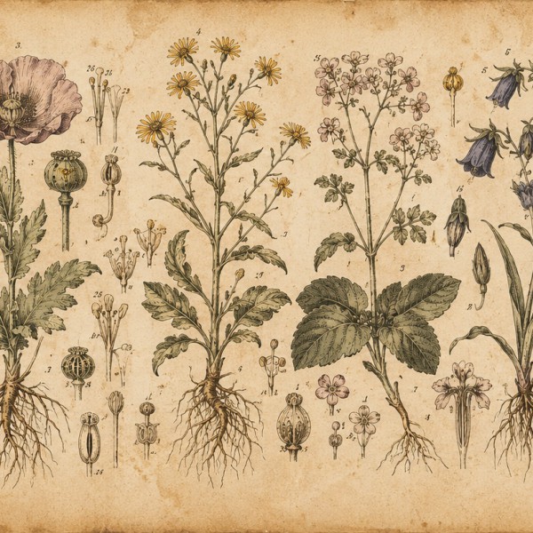 L'Herbier Gravé – fresque panoramique carte ancienne : planche botanique du XVIIIe siècle, plantes entières avec racines, fleurs