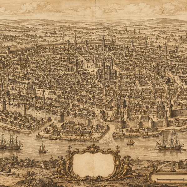 Le Plan de la Cité – fresque panoramique carte ancienne : plan cavalier d'une ville à vol d'oiseau, rues, places, remparts et mo