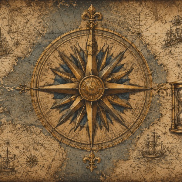 La Rose des Vents – fresque panoramique carte ancienne : grande rose des vents centrale, astrolabe, sextant, compas, boussole et