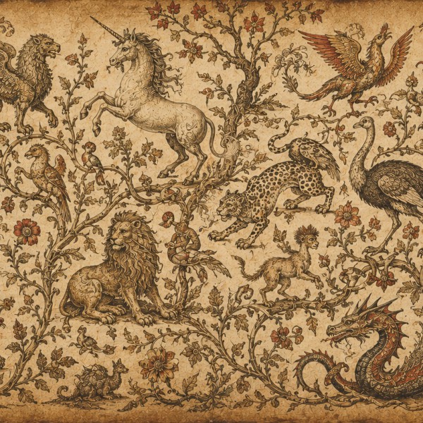 Bestiaire fantastique gravé – fresque panoramique carte ancienne : licornes, dragons, baleines et griffons reliés d'entrelacs vé