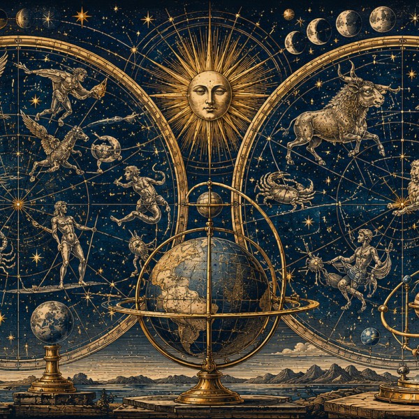 Carte du ciel et machines célestes – fresque panoramique carte ancienne : hémisphères étoilés, constellations gravées et horloge