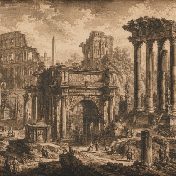 Vues d'architecture antique gravées – fresque panoramique carte ancienne : ruines romaines, colonnes et arcs de triomphe en pers