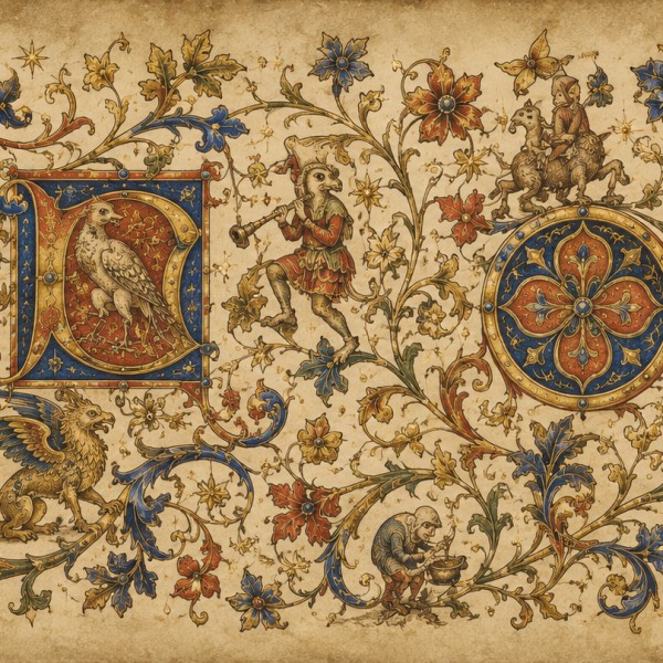 Manuscrit enluminé recomposé – fresque panoramique carte ancienne : entrelacs végétaux, lettrines ornées et drôleries rehaussées
