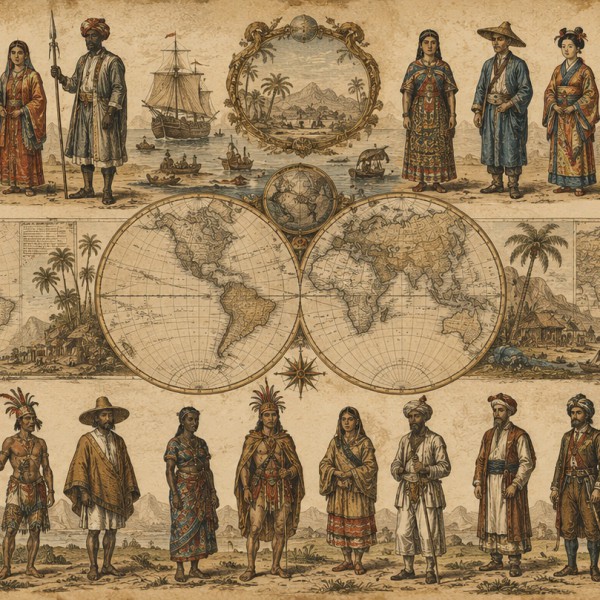 Atlas des peuples et costumes – fresque panoramique carte ancienne : figures en costumes traditionnels gravées et aquarellées, c
