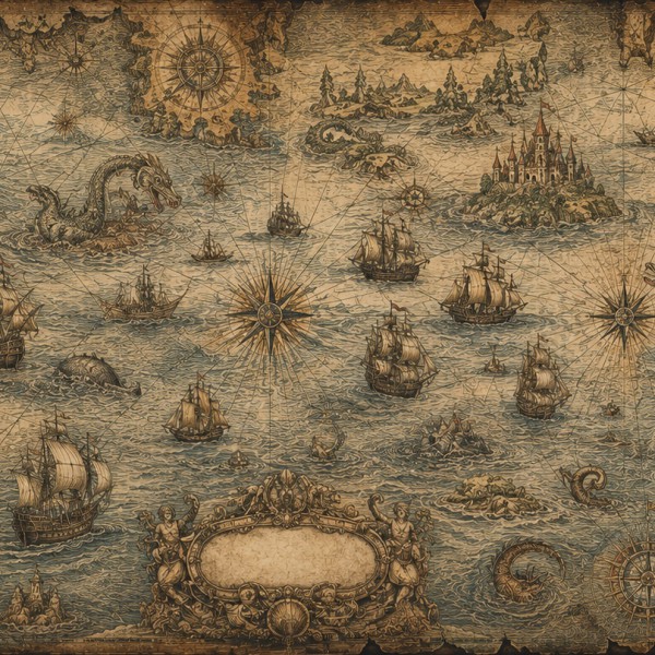 Carte marine aux monstres et vaisseaux – fresque panoramique carte ancienne : océan gravé, grands voiliers, monstres marins et r