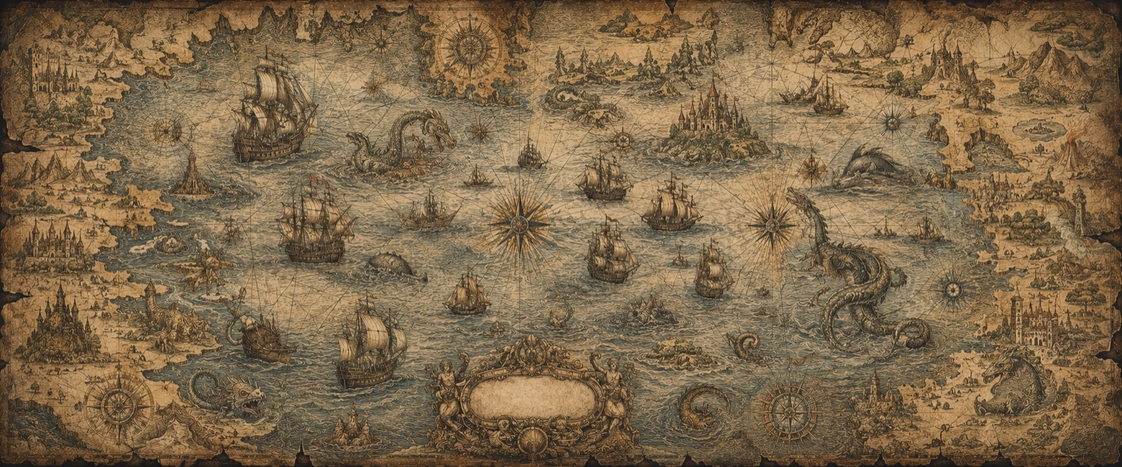 Carte marine aux monstres et vaisseaux