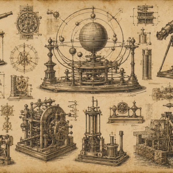 Planche d'instruments et mécanismes anciens – fresque panoramique carte ancienne : horloges, automates, engrenages et télescopes