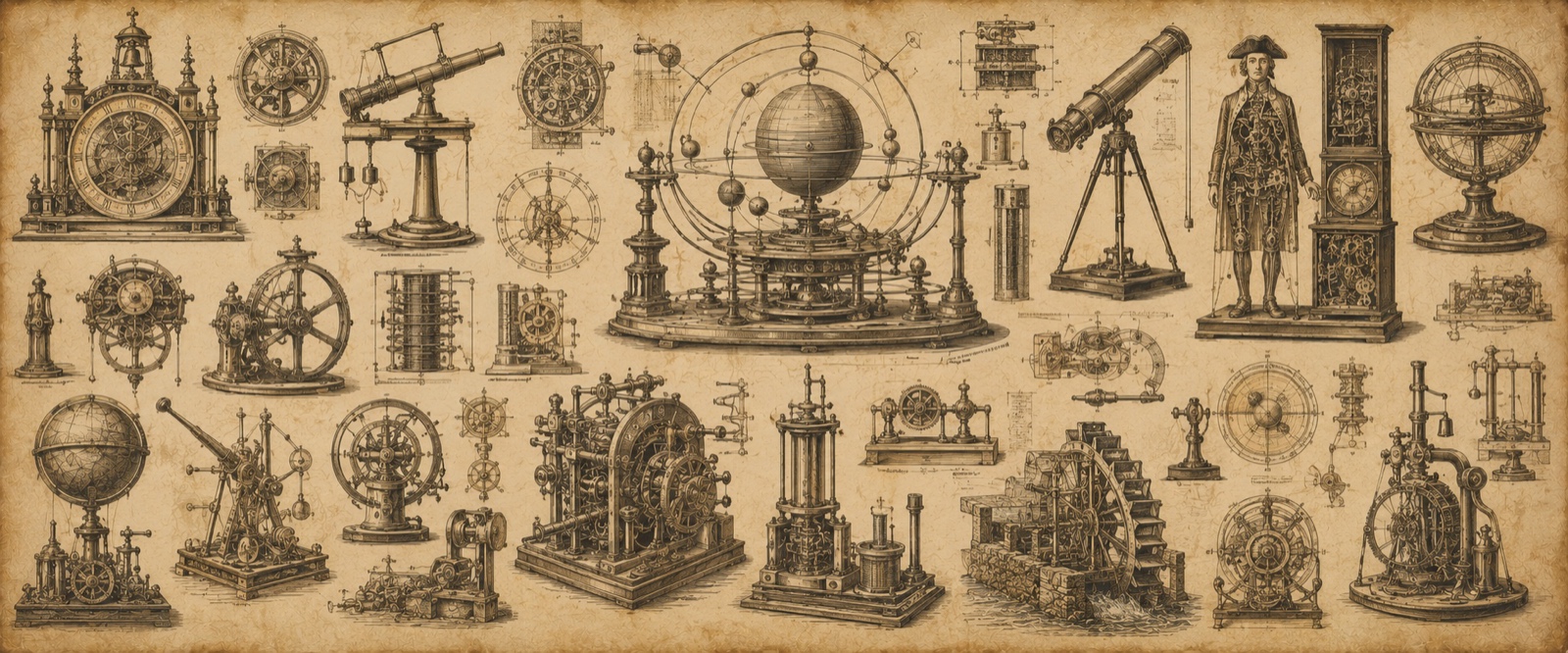 Planche d'instruments et mécanismes anciens