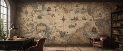 « La Carte des Rhumbs » en situation — fresque panoramique carte ancienne dans un intérieur