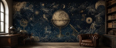 « Le Globe et les Constellations » en situation — fresque panoramique carte ancienne dans un intérieur