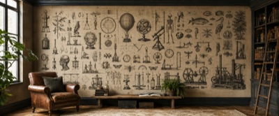 « La Planche des Savoirs » en situation — fresque panoramique carte ancienne dans un intérieur