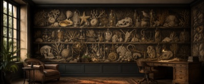 « Le Cabinet de Curiosités » en situation — fresque panoramique carte ancienne dans un intérieur