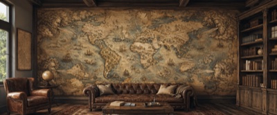 « Les Vieux Mondes » en situation — fresque panoramique carte ancienne dans un intérieur