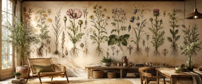« L'Herbier Gravé » en situation — fresque panoramique carte ancienne dans un intérieur
