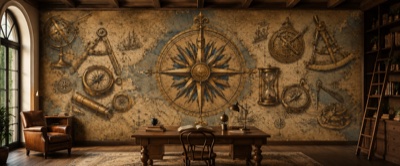 « La Rose des Vents » en situation — fresque panoramique carte ancienne dans un intérieur