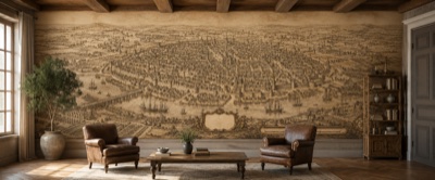« Le Plan de la Cité » en situation — fresque panoramique carte ancienne dans un intérieur
