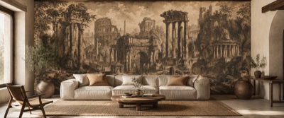« Vues d'architecture antique gravées » en situation — fresque panoramique carte ancienne dans un intérieur