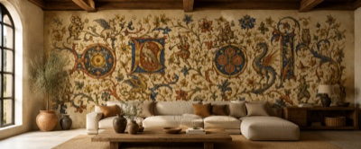 « Manuscrit enluminé recomposé » en situation — fresque panoramique carte ancienne dans un intérieur