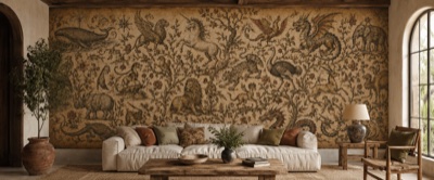 « Bestiaire fantastique gravé » en situation — fresque panoramique carte ancienne dans un intérieur