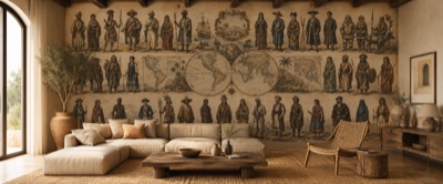 « Atlas des peuples et costumes » en situation — fresque panoramique carte ancienne dans un intérieur