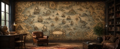 « Carte marine aux monstres et vaisseaux » en situation — fresque panoramique carte ancienne dans un intérieur