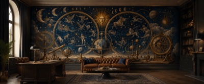 « Carte du ciel et machines célestes » en situation — fresque panoramique carte ancienne dans un intérieur