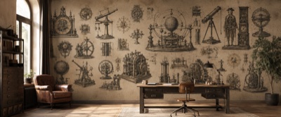 « Planche d'instruments et mécanismes anciens » en situation — fresque panoramique carte ancienne dans un intérieur