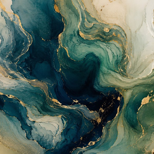 Marbrures d'encre – fresque panoramique graphique : volutes et filaments mêlés, transparences, bleu profond, vert émeraude sourd