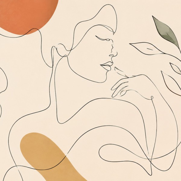 Lignes-contour au trait – fresque panoramique graphique : visages et formes végétales en un seul trait continu sur fond crème ou