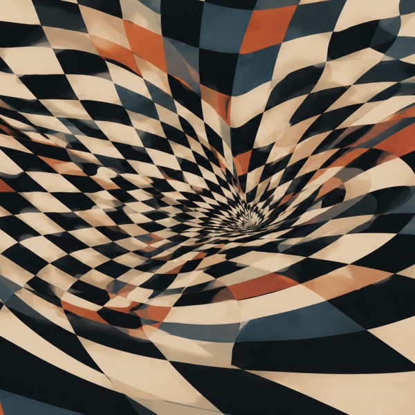 Damier déformé op-art – fresque panoramique graphique : grille ondulante en perspective, jeu optique de profondeur, noir, blanc 